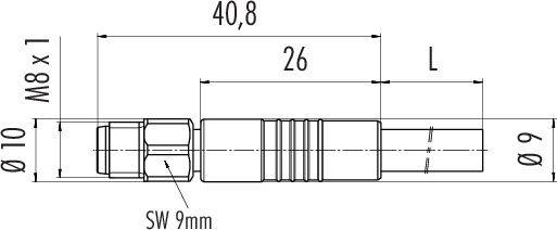 Technický výkres valcového kolíka. Rozmery: dĺžka 40,8 mm, menší priemer 9 mm, väčší priemer 10 mm.