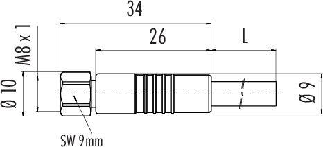 Technický výkres valca so závitom M8x1, dĺžka 34 mm. Rozmery: ø10 mm, ø9 mm. Šírka kľúča: SW 9 mm, dĺžka 26 mm.
