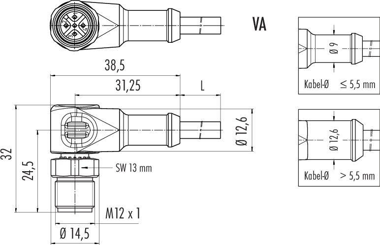 Technický výkres konektora s rozmermi. Celková dĺžka 38,5 mm, priemer 14,5 mm, priemer kábla ≤5,5 mm.