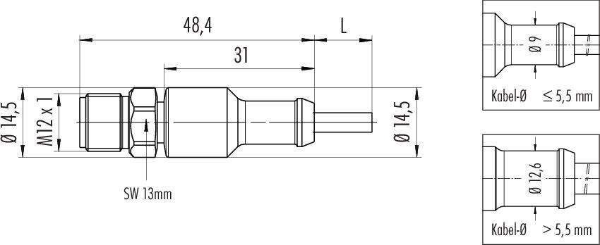 Technický výkres valcovitej zástrčky so závitom M12, dĺžkou 48,4 mm, priemerom kábla ≤5,5 mm, kľúč SW 13 mm.