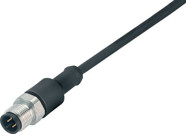 Čierne elektronické káblové vedenie so strieborným valcovitým konektorom na konci, vhodné pre priemyselné využitie.