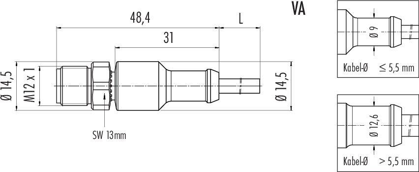 'Technický nákres valcovitej zástrčky s rozmermi: dĺžka 48,4 mm, priemer 14,5 mm, závit M12 x 1, SW 13 mm.'