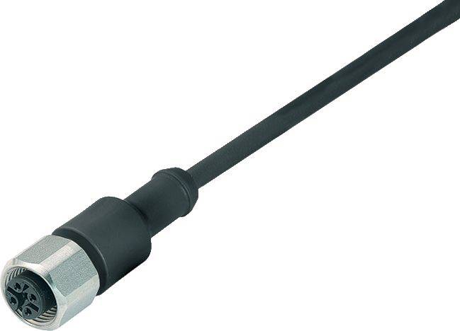 Čiernы elektronický kábel s kovovým konektorom, vhodný pre priemyselné aplikácie alebo pripojenie zariadení.