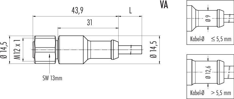 Technický výkres konektora. Rozmery: dĺžka 43,9 mm, priemer 14,5 mm. Priemer kábla: max 5,5 mm. Závit M12 x 1.
