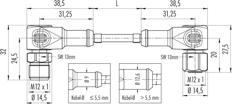 Technický výkres káblovej konektora s rozmermi. Detaily o priemere, dĺžke a veľkostiach závitov pre rôzne typy káblov.