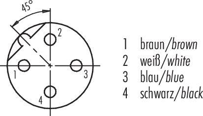Diagram konektora so štyrmi očíslovanými pinmi. Farebné označenie: 1 - hnedá, 2 - biela, 3 - modrá, 4 - čierna. Uhol 45° vyznačený.