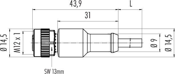 Technický výkres valcového konektora s rozmermi: celková dĺžka 'L', premenlivý priemer. Hlavný priemer Ø14,5 mm, závit M12 x 1.