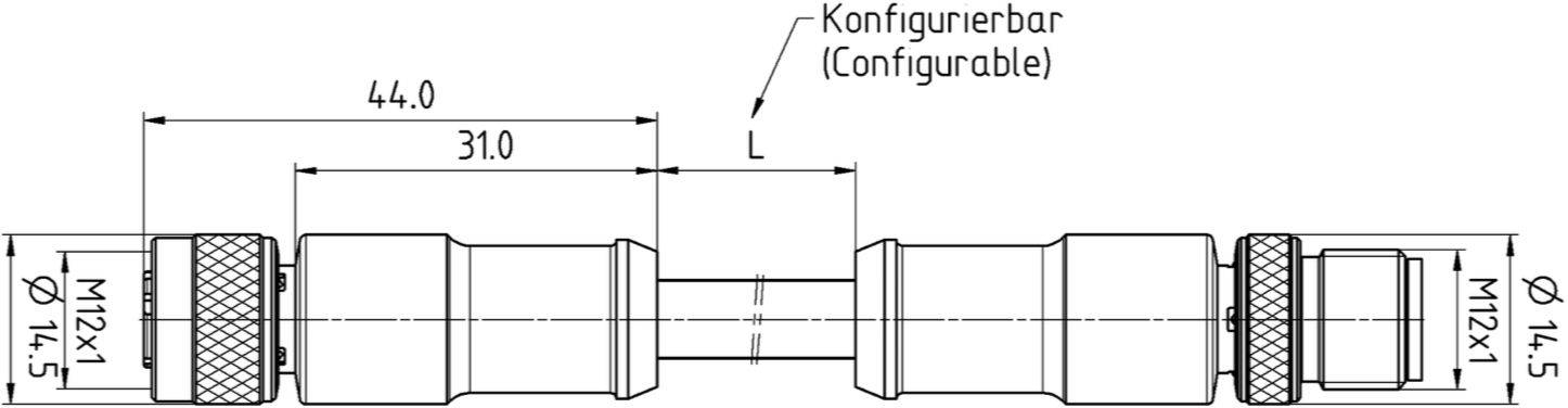 'Technický výkres konfigurovateľnej súčiastky so závitmi M12x1. Dĺžka 44,0 a 31,0 mm, priemer Ø14,5 mm.'