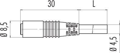Technický výkres zástrčky s rozmermi: dĺžka 30 mm, priemer 8,5 mm a 4,5 mm. Bočný pohľad zobrazuje detaily.