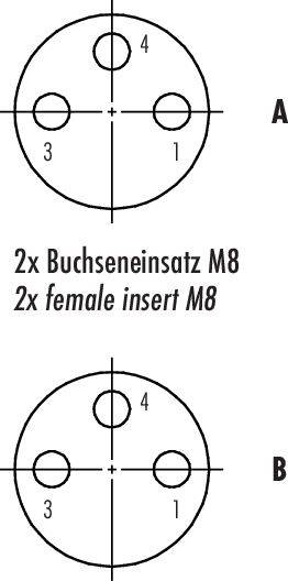 Obrázok zobrazuje dva puzdrové vsuvky M8, označené ako A a B, každý so štyrmi očíslovanými otvormi pre káblové prepojenie.