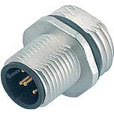 Valcový elektrický konektor s kovovým závitom a štyrmi viditeľnými kovovými kolíkmi. Je vhodný pre priemyselné použitie.