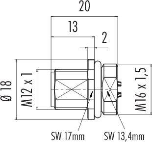 Technický výkres konektora: M12 x 1 vonkajší závit, M16 x 1,5 vnútorný priemer, dĺžka 20 mm. Rozmery detailne.