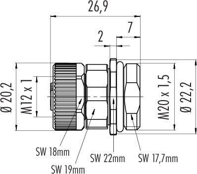 Technický výkres rúrkového spojenia s rozmermi: priemer 20,2 mm a 22,2 mm, závit M12 x 1 a M20 x 1,5.