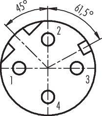 Diagram znázorňuje kruh so štyrmi rovnomerne rozmiestnenými vyvŕtanými otvormi, očíslovanými od 1 do 4, s dvoma uhlami: 45° a 61,5°.