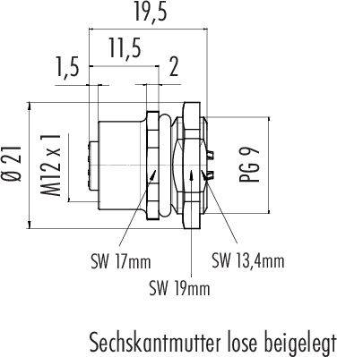 Technický výkres šesťuholníkového spojovacie prvku s rozmermi. Hlavné rozmery: 19,5 mm šírka, 21 mm priemer.