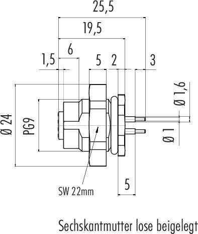 Technický výkres elektrického konektora s rozmermi: celková dĺžka 25,5 mm, priemer 24 mm, závit PG9. Šesťhranná matica je voľne priložená.