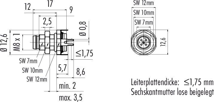 Prípojná zástrčka s rozmermi a rozmermi závitu. Maximálna hrúbka dosky plošných spojov 1,75 mm, dodávaná s priloženou šesťhrannou maticou.