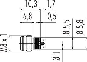 Technický výkres konektora, metrické rozmery v milimetroch. Konektor: M8 x 1, priemer 5,5 a 5,8.
