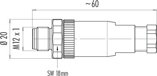 Technický výkres valcového konektora: celková dĺžka cca 60 mm, závitový rozmer M12 x 1, priemer 20 mm, šírka kľúča 18 mm.