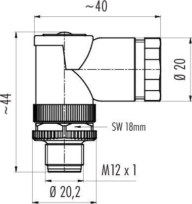 Technický výkres konektorového pripojenia so závitom M12 x 1. Rozmery: výška cca 44 mm, šírka cca 40 mm, priemer 20 mm.