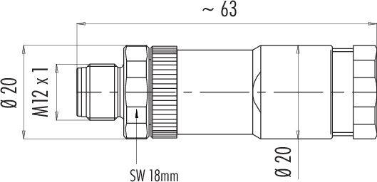 Technický výkres valcovitej súčiastky so závitom M12 a vzdialenosťou medzi plochami 18 mm, dĺžka ~63 mm, priemer Ø20 mm.