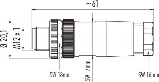 Technický výkres konektora. Rozmery: dĺžka cca 61 mm, priemer 20,1 mm, veľkosť závitu M12 x 1, šírky kľúča SW 18 mm, SW 17 mm a SW 16 mm.