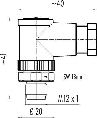 Technický výkres zástrčky: Rozmery sú približne 40 mm dĺžka, 41 mm výška. Závit M12 x 1, kľúč 18 mm, priemer 20 mm.