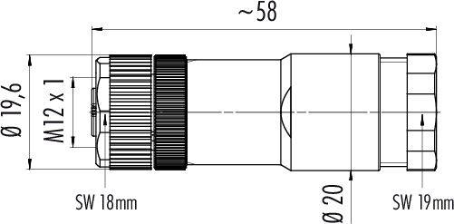 Technický výkres okrúhleho konektora so závitom M12. Dĺžka cca 58 mm, priemer 19,6 mm, šírka kľúča 18 a 19 mm.