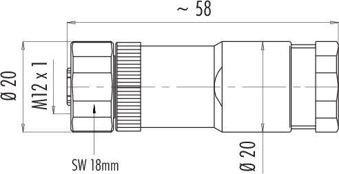 Technická líniová kresba valcovitej zástrčky s technickými rozmermi: dĺžka cca 58 mm, priemer 20 mm a závit M12 x 1.