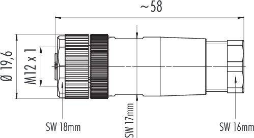 Technický výkres valcovitého konektora s rozmermi 58 mm dĺžky a 19,6 mm priemeru, s M12x1 závitom.