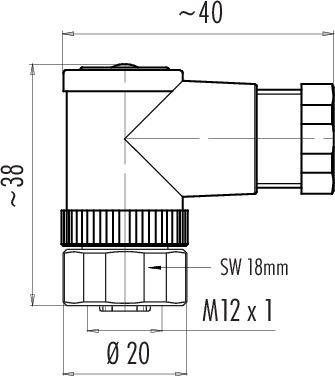 Technický výkres konektora s rozmermi: dĺžka cca 40 mm, výška cca 38 mm, priemer 20 mm, závit M12 x 1.