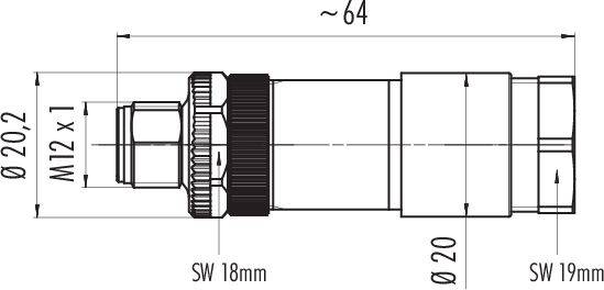 Technický výkres kovového konektora s rozmermi: dĺžka cca 64 mm, priemer 20,2 mm, závit M12 x 1, šírka kľúča 18 mm a 19 mm.