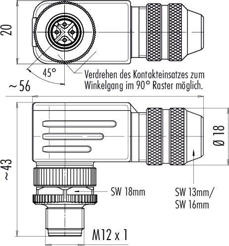 Obrázok zobrazuje technické výkresy elektrického konektora v 90-stupňovom uhle s rozmermi a pokynmi na prispôsobenie.