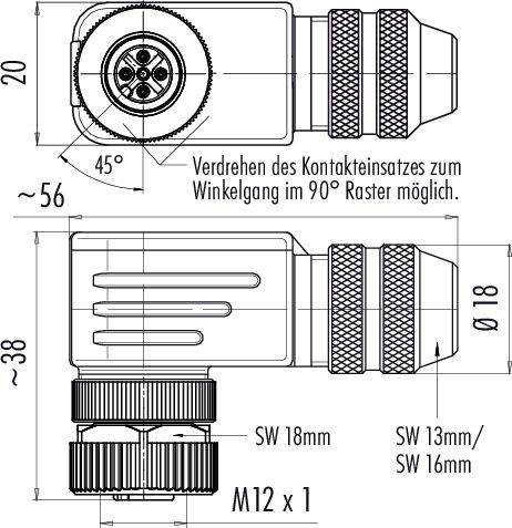 Technický výkres M12 x 1 konektora s otočným mechanizmom pre 90° mriežku vrátane rozmerov a uťahovacích momentov.