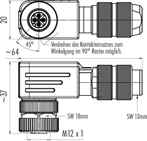 Technický výkres 90° uhlového konektora s rozmermi. Hlavné charakteristiky: kľúč 18 mm/13 mm, M12 x 1, rozteč 90°, otočný kontaktný insert.