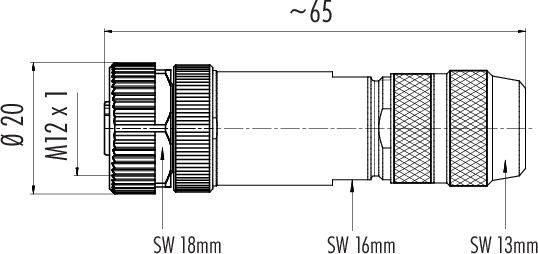 Technický výkres valcového konektora so závitom 'M12 x 1', priemerom 20 mm, dĺžkou 65 mm a veľkosťami kľúča 18 mm, 16 mm a 13 mm.