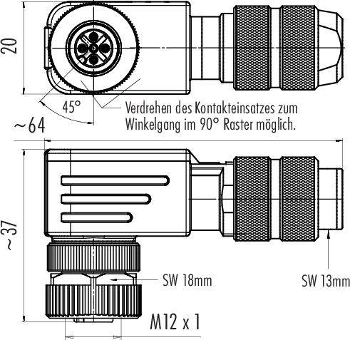 Technický výkres zalomeného konektora so závitom M12 a rozmermi. Popisy znázorňujú pootočenie v mriežke po 90 stupňoch.