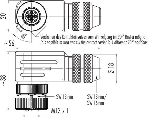 Konektor v 90-stupňovom uhle. Rozmery: 56 mm dĺžka, 20 mm výška, 38 mm šírka. Závit M12 x 1 s otočnou kontaktnou sadou.