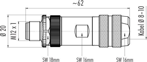 'Technický výkres konektora: M12 x 1, dĺžka ~62 mm, priemer 20 mm, priemer kábla 8-10 mm, kľúč 18 mm a 16 mm.'