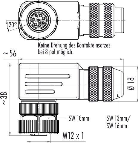 Technický výkres konektora s 8-pólovým prepojením, detaily uhlov, rozmerov a rozmerových popisov v milimetroch.
