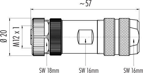 Technický výkres konektora so závitom M12 x 1, priemer 20 mm, celková dĺžka cca 57 mm, šírka kľúča 18 mm a 16 mm.