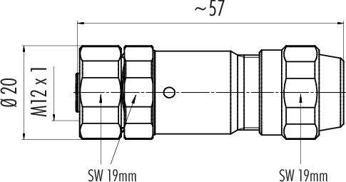 Technický výkres konektora s M12 x 1 závitom, dĺžky 57 mm, priemere 20 mm, s kľúčovou šírkou 19 mm.