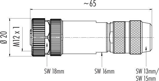 'Technický výkres konektora: dĺžka cca 65 mm, priemer 20 mm, závit M12 x 1, rozmer kľúča SW 18 mm, 16 mm, 13 mm a 15 mm.'