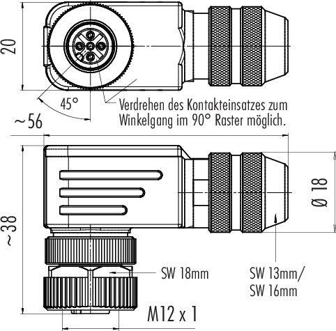 Výkres M12 konektora s rozmermi: dĺžka cca 56 mm, šírka cca 20 mm. Text informuje o 45° úprave kontaktného uhla.