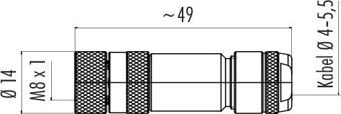 Technický výkres konektora: dĺžka cca 49 mm, priemer 14 mm, závit M8 x 1, vhodný pre priemer kábla 4-5,5 mm.