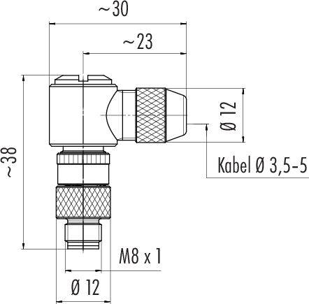 Technický výkres konektora s viacerými rozmermi: celková dĺžka ~30, Ø12, závit M8 x 1, vhodný pre káble Ø 3,5-5.