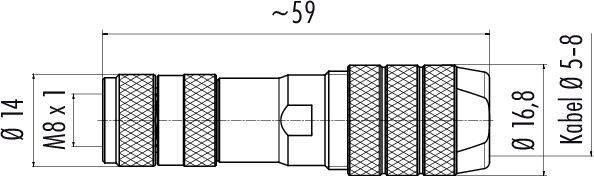 Technický výkres konektora. Značky ukazujú dĺžku 59 mm, priemer 14 mm a prípoj M8 x 1. Priemer kábla 5-8 mm.