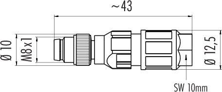 Technický výkres konektora. Rozmery: dĺžka cca 43 mm, priemer Ø 10 a Ø 12,5 mm, závit M8x1. Šírka kľúča 10 mm.