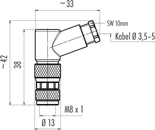 Technický výkres pravouhlého konektora s rozmermi: výška 42 mm, dĺžka 33 mm, závit M8 x 1, priemer kábla 3,5-5 mm.