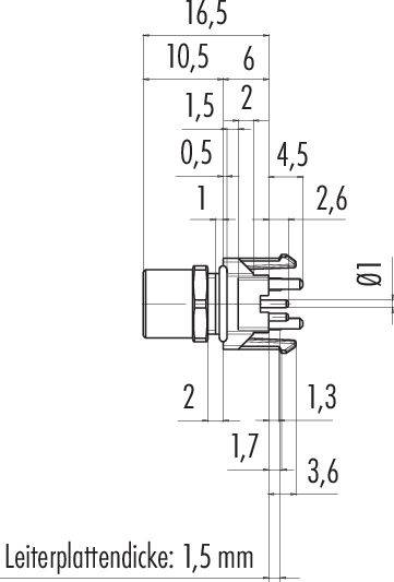 Technický výkres zástrčky s rozmermi. Priemer: 16,5 mm. Hrúbka dosky plošných spojov je 1,5 mm.